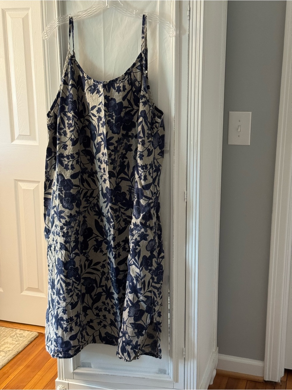 Flax Navy Floral Over Natural Linen Slip Dress Adjustable Straps Size 3G